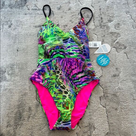 Green and Pink One Piece Swimwear with Vibrant Design - Picture 1 of 11